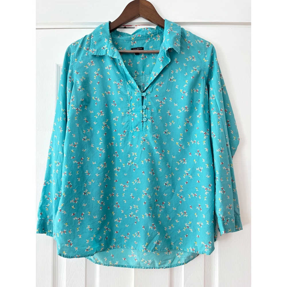 Talbots Petites Turquoise Floral Cotton Popover Blouse Medium Petite MP